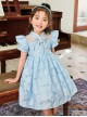 Rose Flower Embossed Texture Pleated Fluffy Hem Cute Flying Sleeves Decoction Children Lolita Kids Blue Dress