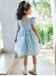 Rose Flower Embossed Texture Pleated Fluffy Hem Cute Flying Sleeves Decoction Children Lolita Kids Blue Dress