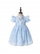 Rose Flower Embossed Texture Pleated Fluffy Hem Cute Flying Sleeves Decoction Children Lolita Kids Blue Dress