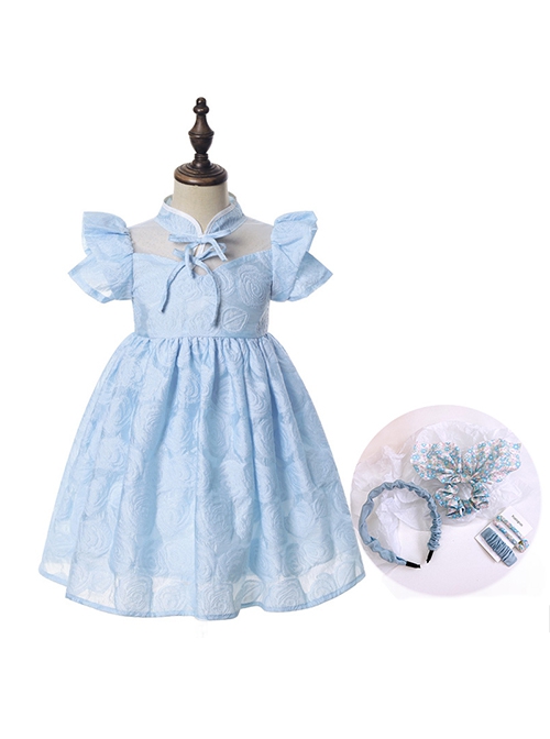 Rose Flower Embossed Texture Pleated Fluffy Hem Cute Flying Sleeves Decoction Children Lolita Kids Blue Dress