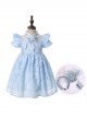 Rose Flower Embossed Texture Pleated Fluffy Hem Cute Flying Sleeves Decoction Children Lolita Kids Blue Dress