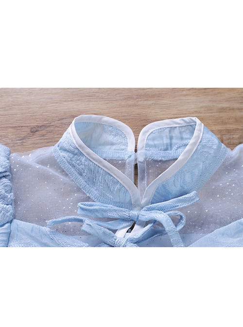 Rose Flower Embossed Texture Pleated Fluffy Hem Cute Flying Sleeves Decoction Children Lolita Kids Blue Dress