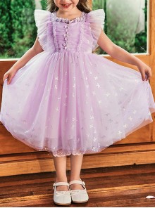 Purple Pleated Mesh Cute Sequins Bow Knots Print Decoration Flowers Children Lolita Kids Flying Sleeves Dress