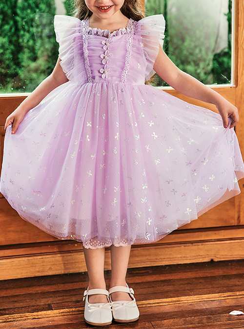 Purple Pleated Mesh Cute Sequins Bow Knots Print Decoration Flowers Children Lolita Kids Flying Sleeves Dress