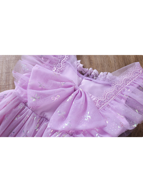 Purple Pleated Mesh Cute Sequins Bow Knots Print Decoration Flowers Children Lolita Kids Flying Sleeves Dress