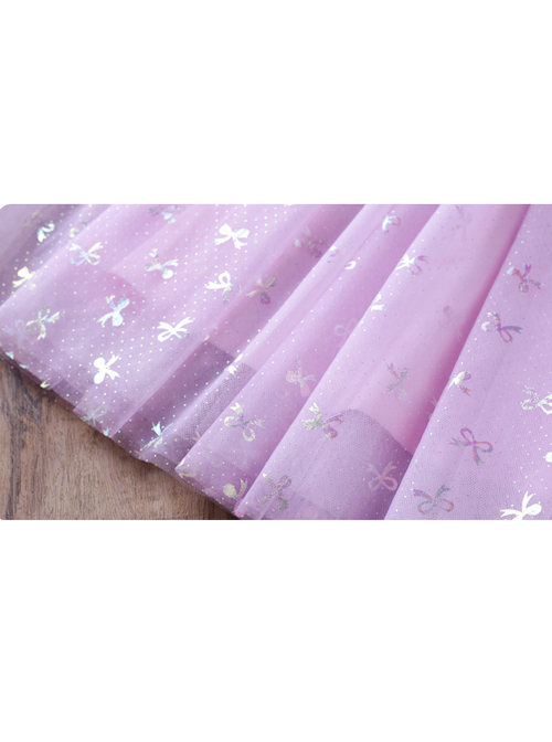 Purple Pleated Mesh Cute Sequins Bow Knots Print Decoration Flowers Children Lolita Kids Flying Sleeves Dress