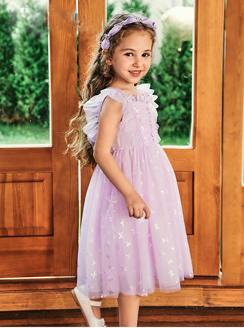 Purple Pleated Mesh Cute Sequins Bow Knots Print Decoration Flowers Children Lolita Kids Flying Sleeves Dress