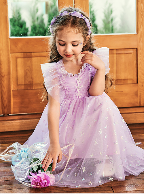 Purple Pleated Mesh Cute Sequins Bow Knots Print Decoration Flowers Children Lolita Kids Flying Sleeves Dress