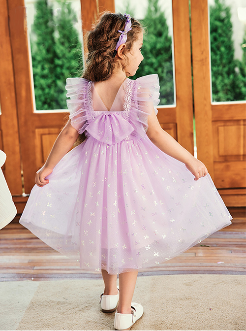 Purple Pleated Mesh Cute Sequins Bow Knots Print Decoration Flowers Children Lolita Kids Flying Sleeves Dress