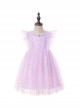 Purple Pleated Mesh Cute Sequins Bow Knots Print Decoration Flowers Children Lolita Kids Flying Sleeves Dress