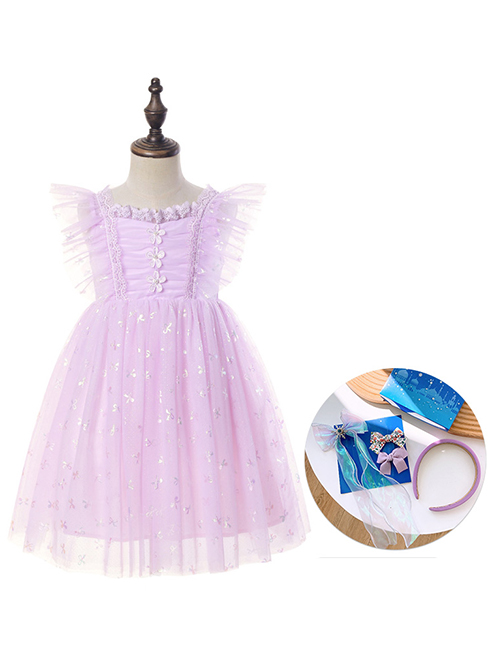 Purple Pleated Mesh Cute Sequins Bow Knots Print Decoration Flowers Children Lolita Kids Flying Sleeves Dress