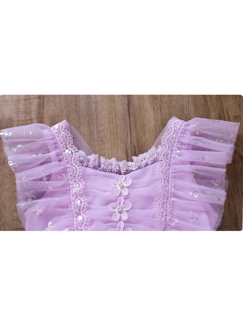 Purple Pleated Mesh Cute Sequins Bow Knots Print Decoration Flowers Children Lolita Kids Flying Sleeves Dress