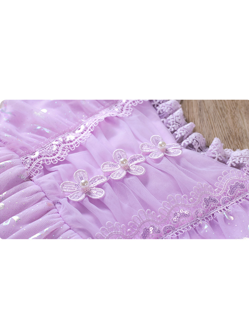 Purple Pleated Mesh Cute Sequins Bow Knots Print Decoration Flowers Children Lolita Kids Flying Sleeves Dress