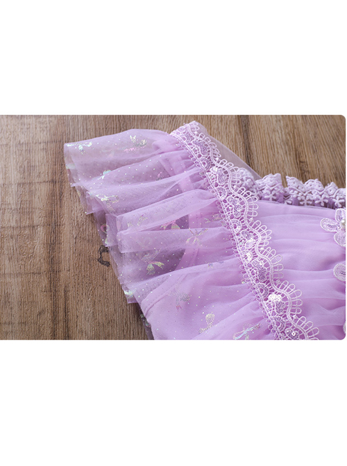Purple Pleated Mesh Cute Sequins Bow Knots Print Decoration Flowers Children Lolita Kids Flying Sleeves Dress
