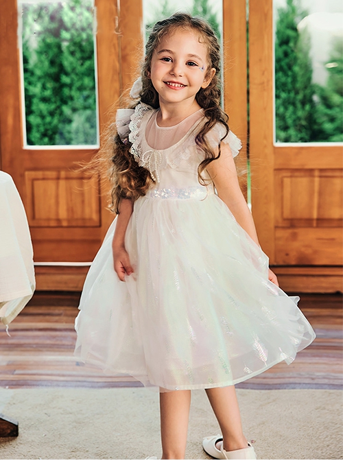 Sweet Lace Pleated Neckline Shiny Feather Silver Hem Pearl Decoration Children Lolita Kids White Mesh Dress