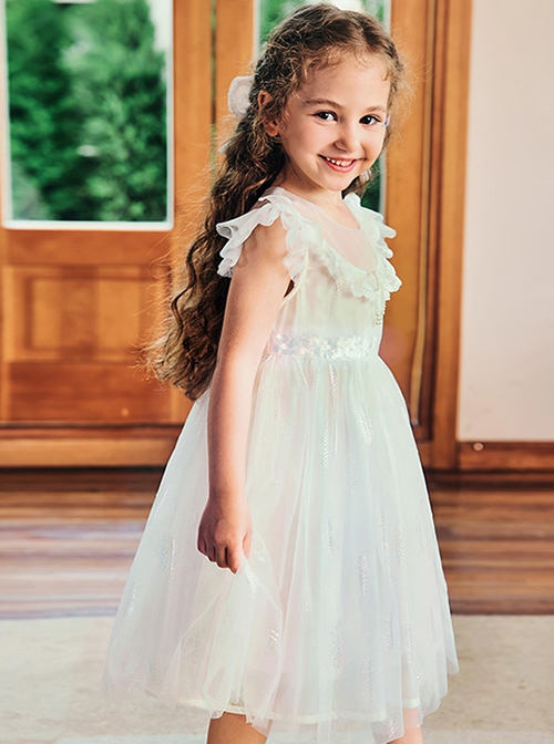 Sweet Lace Pleated Neckline Shiny Feather Silver Hem Pearl Decoration Children Lolita Kids White Mesh Dress