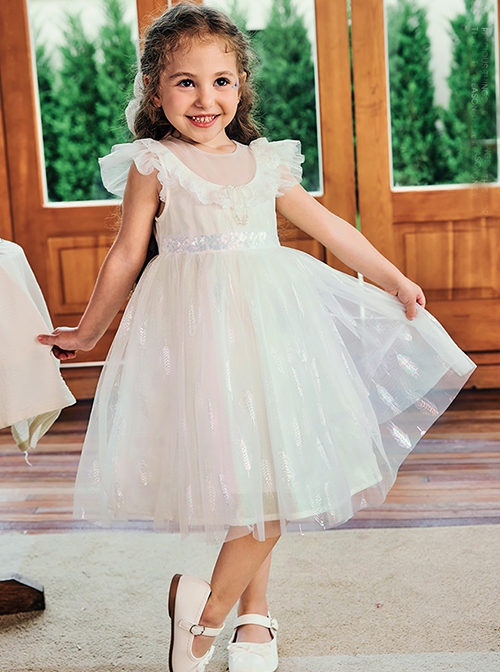 Sweet Lace Pleated Neckline Shiny Feather Silver Hem Pearl Decoration Children Lolita Kids White Mesh Dress