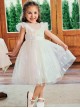 Sweet Lace Pleated Neckline Shiny Feather Silver Hem Pearl Decoration Children Lolita Kids White Mesh Dress