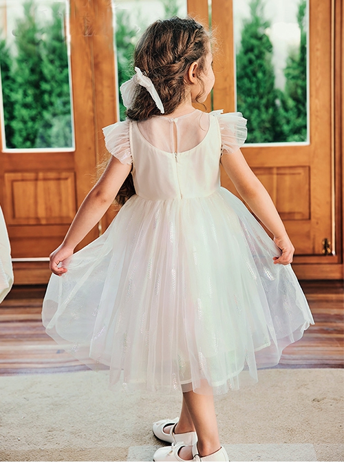 Sweet Lace Pleated Neckline Shiny Feather Silver Hem Pearl Decoration Children Lolita Kids White Mesh Dress