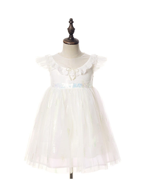 Sweet Lace Pleated Neckline Shiny Feather Silver Hem Pearl Decoration Children Lolita Kids White Mesh Dress