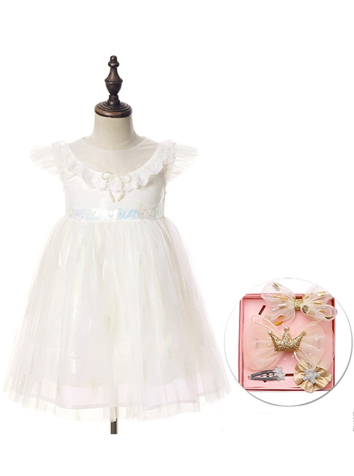 Sweet Lace Pleated Neckline Shiny Feather Silver Hem Pearl Decoration Children Lolita Kids White Mesh Dress