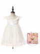 Sweet Lace Pleated Neckline Shiny Feather Silver Hem Pearl Decoration Children Lolita Kids White Mesh Dress