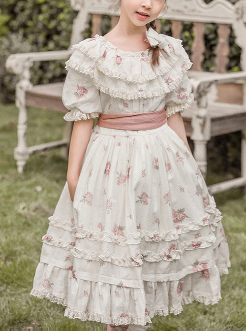 Pleated Ruffle Trim Pink Flower Print Decoration Straps Bow Children Lolita Kids Short Sleeves Dress