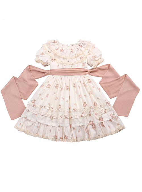 Pleated Ruffle Trim Pink Flower Print Decoration Straps Bow Children Lolita Kids Short Sleeves Dress