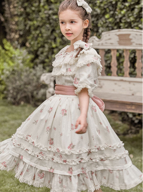 Pleated Ruffle Trim Pink Flower Print Decoration Straps Bow Children Lolita Kids Short Sleeves Dress