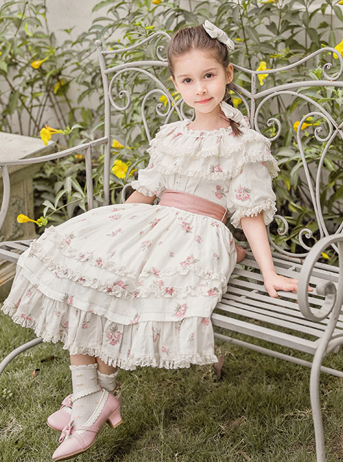 Pleated Ruffle Trim Pink Flower Print Decoration Straps Bow Children Lolita Kids Short Sleeves Dress