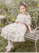 Pleated Ruffle Trim Pink Flower Print Decoration Straps Bow Children Lolita Kids Short Sleeves Dress