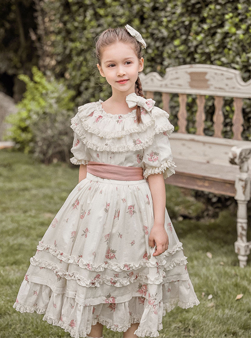 Pleated Ruffle Trim Pink Flower Print Decoration Straps Bow Children Lolita Kids Short Sleeves Dress