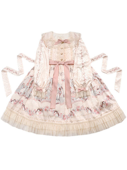 Gold Print Cute Sweet Penguin Pattern Decoration Lace Embroidery Pink Bow Knot Children Lolita Kids Long Sleeve Dress