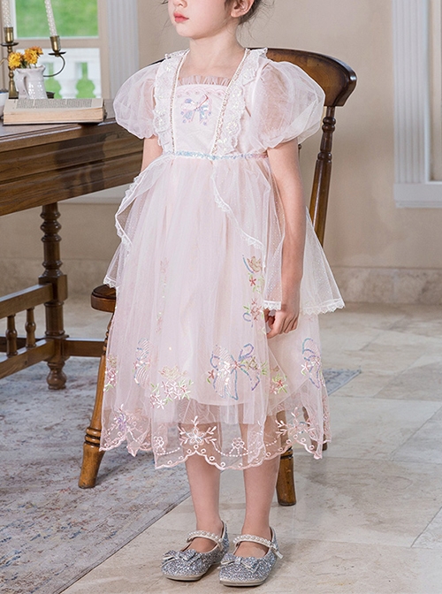 Delicate Lace Flower Embroidery Princess Temperament Mesh Children Lolita Kids Puff Sleeves Dress