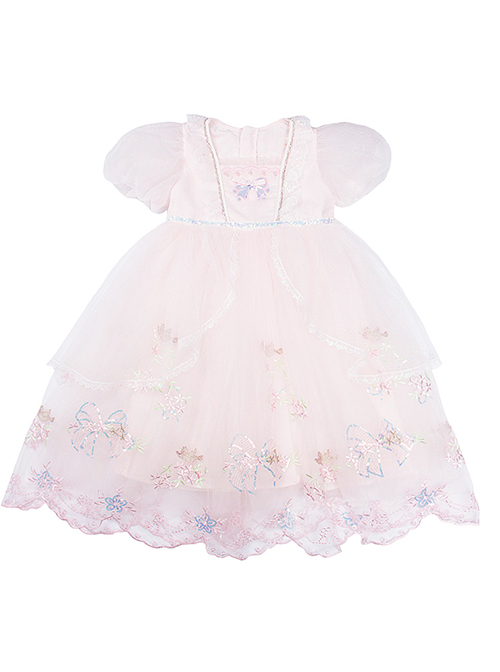 Delicate Lace Flower Embroidery Princess Temperament Mesh Children Lolita Kids Puff Sleeves Dress