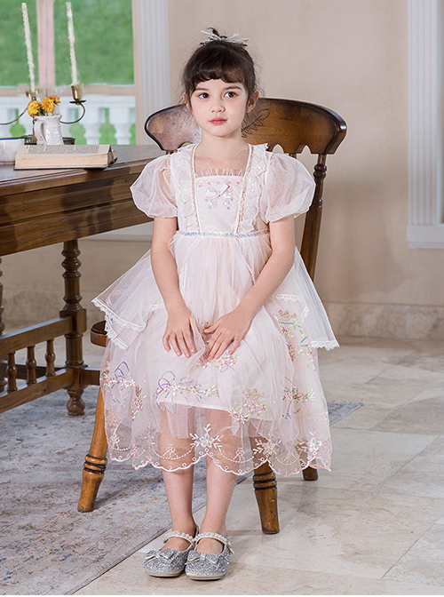 Delicate Lace Flower Embroidery Princess Temperament Mesh Children Lolita Kids Puff Sleeves Dress