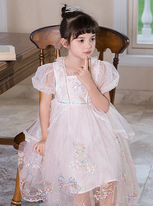 Delicate Lace Flower Embroidery Princess Temperament Mesh Children Lolita Kids Puff Sleeves Dress