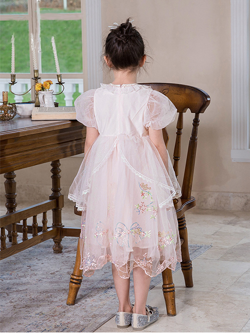 Delicate Lace Flower Embroidery Princess Temperament Mesh Children Lolita Kids Puff Sleeves Dress