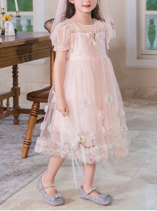 Sweet Princess Gradient Hem Colorful Jacquard Butterfly Sequin Decoration Children Lolita Kids Cute Puff Sleeves Dress