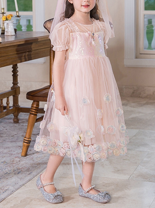 Sweet Princess Gradient Hem Colorful Jacquard Butterfly Sequin Decoration Children Lolita Kids Cute Puff Sleeves Dress