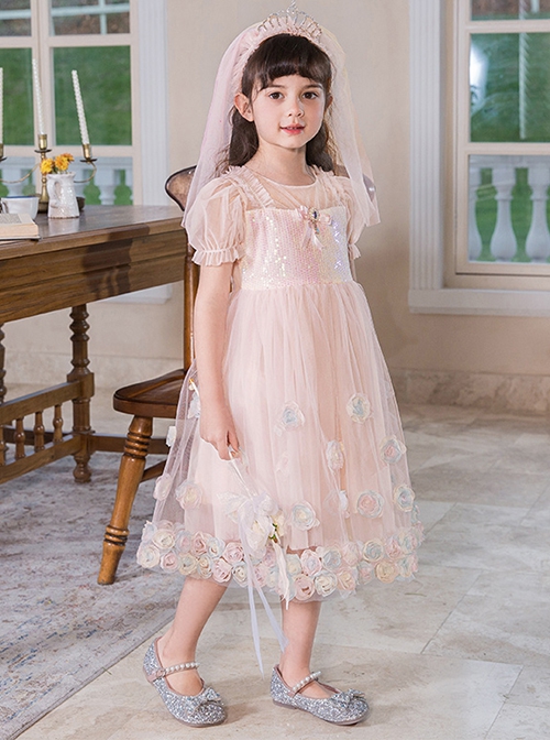 Sweet Princess Gradient Hem Colorful Jacquard Butterfly Sequin Decoration Children Lolita Kids Cute Puff Sleeves Dress