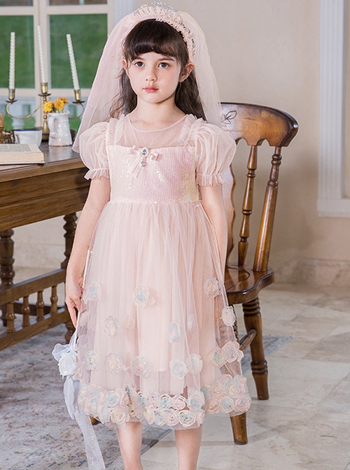 Sweet Princess Gradient Hem Colorful Jacquard Butterfly Sequin Decoration Children Lolita Kids Cute Puff Sleeves Dress