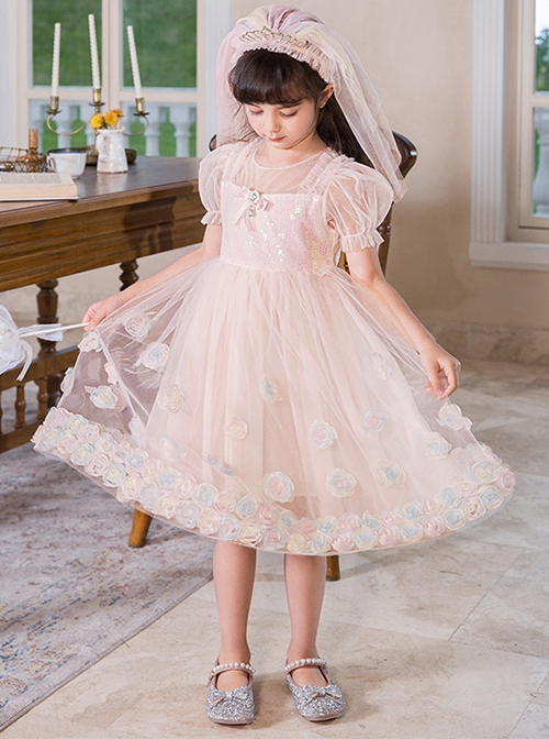 Sweet Princess Gradient Hem Colorful Jacquard Butterfly Sequin Decoration Children Lolita Kids Cute Puff Sleeves Dress