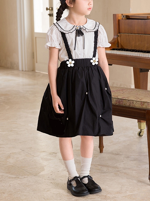 Campus Style Cotton Pleated Ruffled Doll Neckline Black Strap Pearl Decoration Children Lolita Kids Cute Dress Set