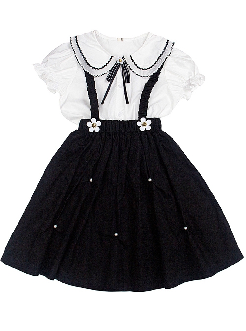 Campus Style Cotton Pleated Ruffled Doll Neckline Black Strap Pearl Decoration Children Lolita Kids Cute Dress Set