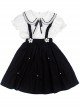 Campus Style Cotton Pleated Ruffled Doll Neckline Black Strap Pearl Decoration Children Lolita Kids Cute Dress Set 
