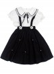 Campus Style Cotton Pleated Ruffled Doll Neckline Black Strap Pearl Decoration Children Lolita Kids Cute Dress Set