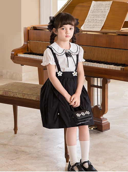 Campus Style Cotton Pleated Ruffled Doll Neckline Black Strap Pearl Decoration Children Lolita Kids Cute Dress Set