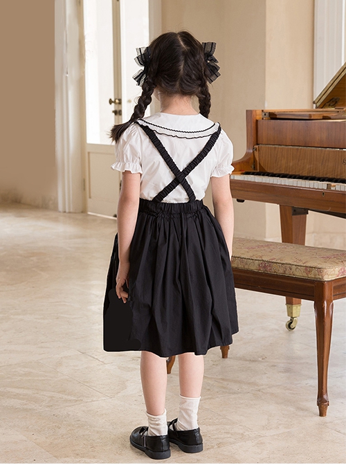 Campus Style Cotton Pleated Ruffled Doll Neckline Black Strap Pearl Decoration Children Lolita Kids Cute Dress Set