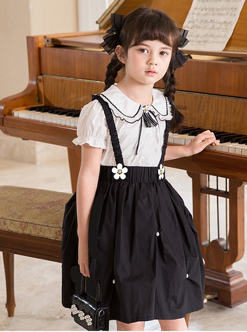 Campus Style Cotton Pleated Ruffled Doll Neckline Black Strap Pearl Decoration Children Lolita Kids Cute Dress Set